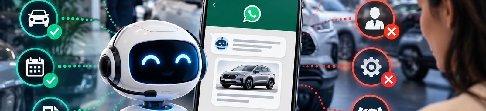 Asistente virtual junto a un celular con una conversación de WhatsApp sobre un vehículo, en un showroom