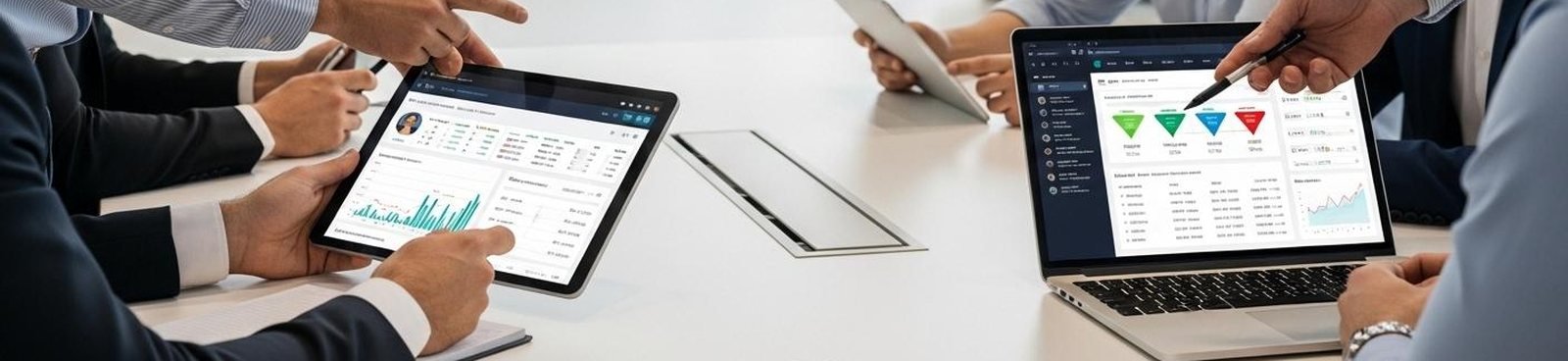 Equipo comercial revisando indicadores y un embudo de ventas en una tablet y una laptop