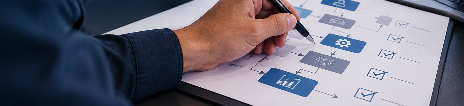 Mano con un bolígrafo revisando un diagrama de flujo de procesos sobre un escritorio