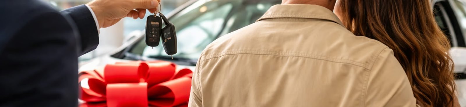Asesor entregando las llaves de un auto nuevo con moño rojo a una pareja