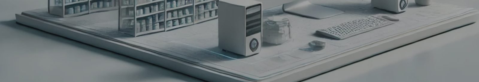 Ilustración 3D de un espacio de trabajo digital con computadoras y estanterías