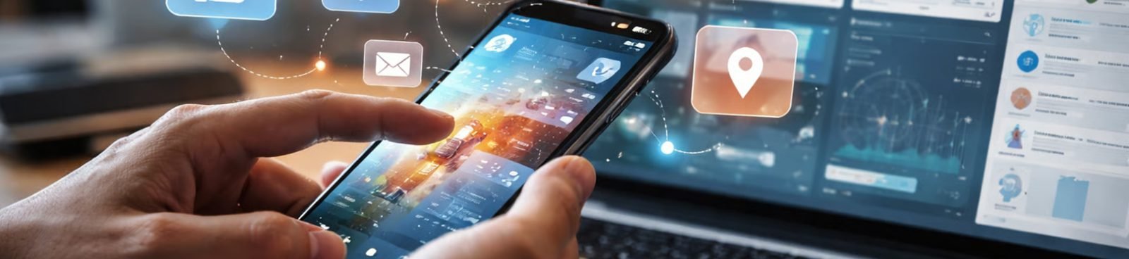 Persona usando un celular con íconos de canales digitales a su alrededor