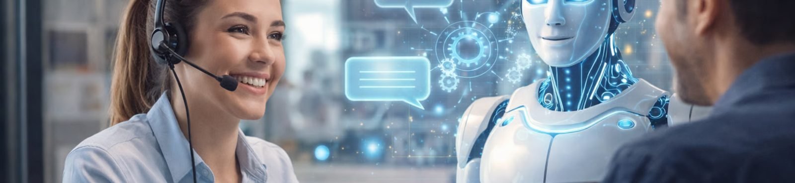 Asesora de atención al cliente con auriculares junto a un asistente de inteligencia artificial