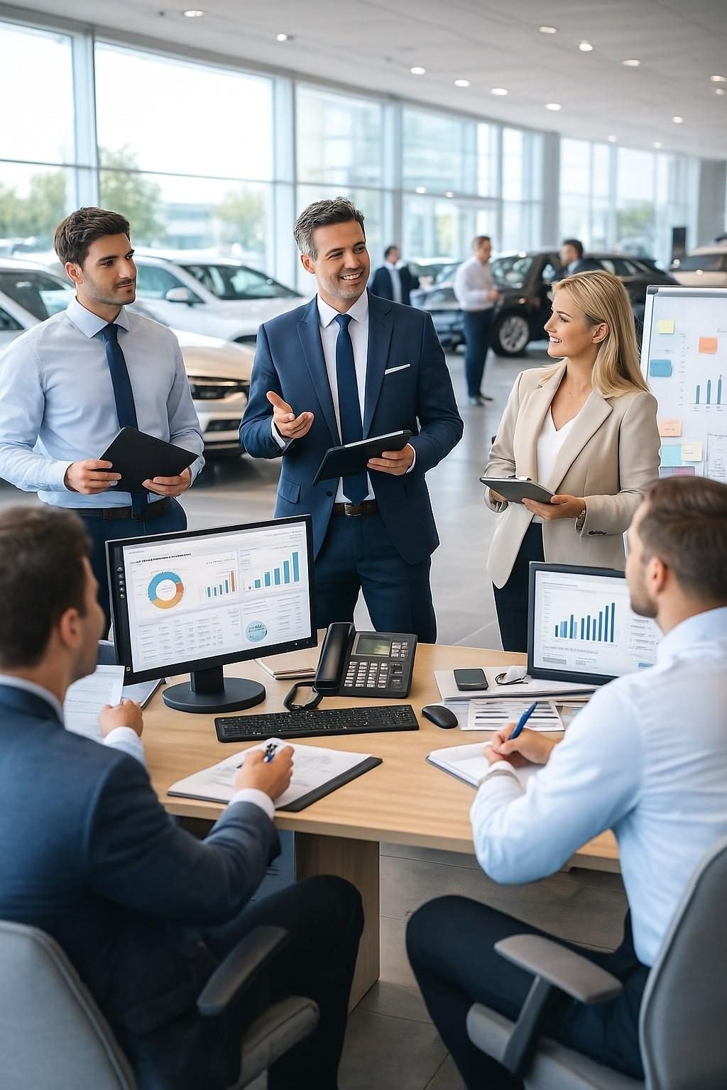 Equipo comercial de una concesionaria revisando indicadores en pantallas y una pizarra con notas en el showroom