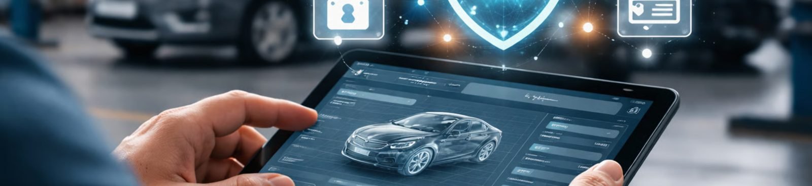 Manos sosteniendo una tableta con el diseño de un auto e íconos de seguridad digital