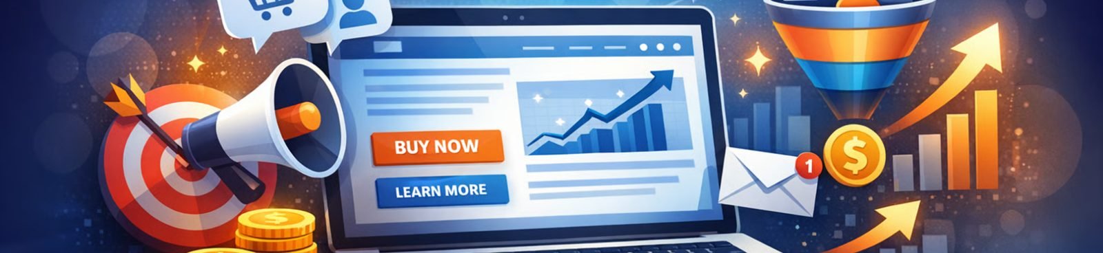 Ilustración de un sitio web con embudo de ventas, megáfono y gráficos de crecimiento
