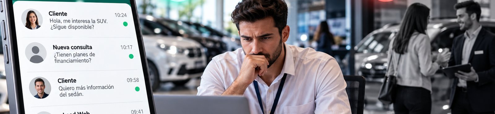 Asesor preocupado frente a la computadora mientras se acumulan consultas de clientes sin responder en el celular